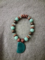 Handmade Womens Beaded Stretch Charm Bracelet Wood Green Blue Brown One Size