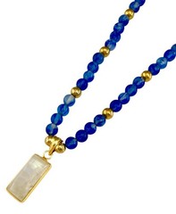 ARTISAN Gold Tone Radiant Cut MOONSTONE Pendant 25” Blue Glass Beaded Necklace