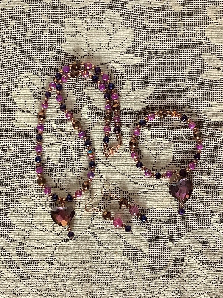 Handcrafted, Artisan Beaded Jewelry Set-Pink/Purple/Copper Crystal Heart Glass