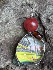 Art Glass Pendant Hand Painted Cabochon, OOAK Wire Wrapped Handmade 4226 Y