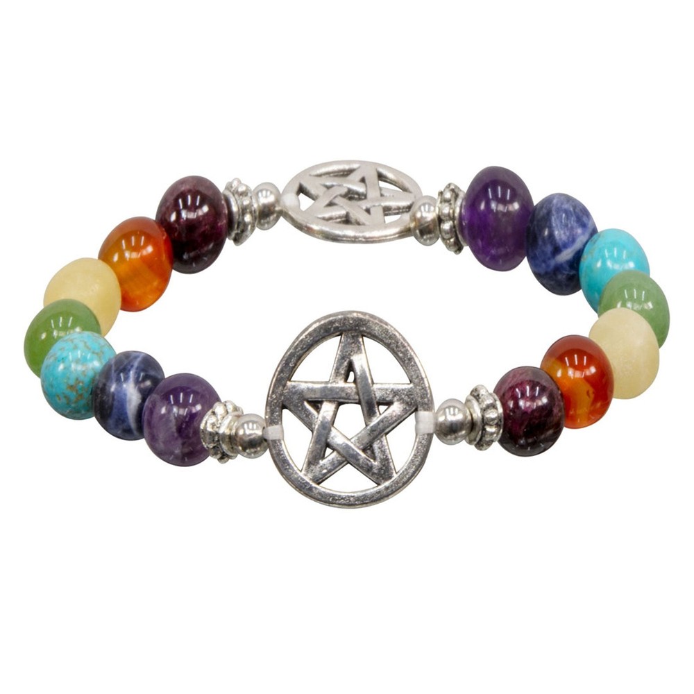 Seven Chakras Beaded Bracelet with Pentagram Charms – One Size