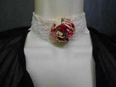 Retro Shabby Chic Victorian Lace and Rolled Fabric Rose Choker Necklace
