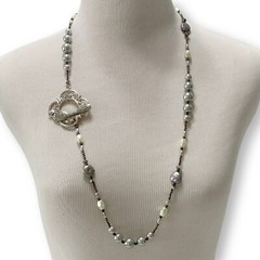 Handmade Long Fresh Water Ivory & Silver Pearl Necklace with Swarovski crystals
