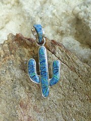 Southwest Saguaro Cactus Sterling Silver Denim Lapis Opal pendant handcrafted