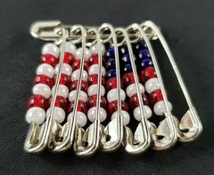 Safety Pin Flag American U.S. Patriotic Beaded Brooch Silver Tone Red White Blue