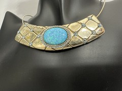 Handmade 925 Statment Necklace Faux Opal Blue / Gold Piece Signed «S.O» or «O.S»