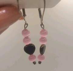 Artisan Crafted Wire Strung Pink Cats Eye Hearts Beaded Pierced Earrings