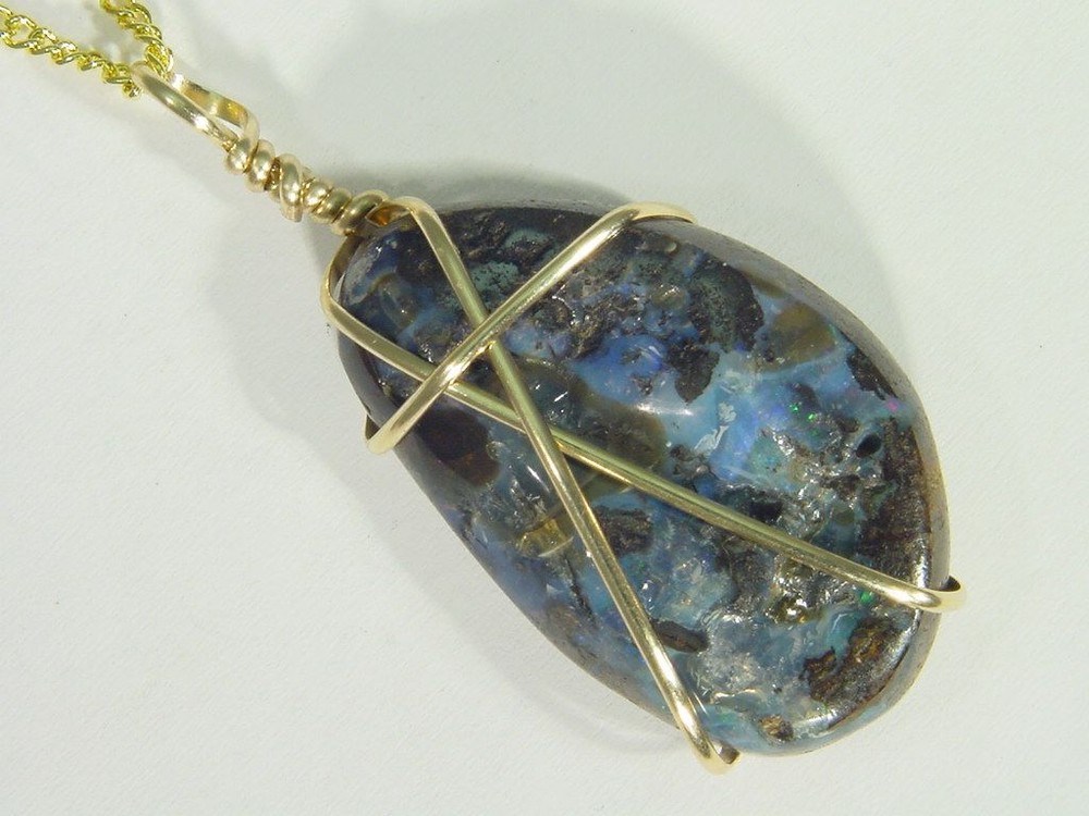 BUTW 14k Gold Fill Wrapped 20mm x 45mm australian boulder opal pendant 2634D
