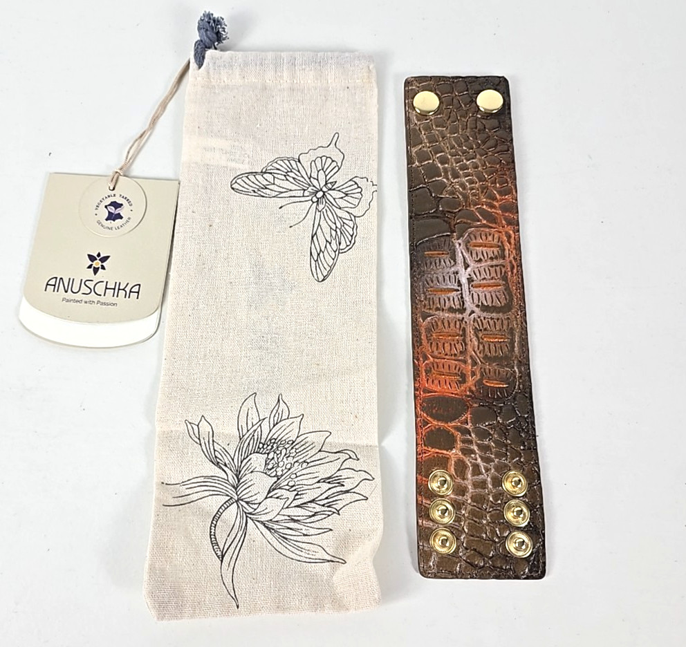 Anuschka Hand Painted Leather Cuff Bracelet Croc Embossed Rust Orange Brown