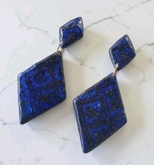 Handcrafted Polymer Clay Resin Gold Dangle Stud Earrings Diamond Blue Black