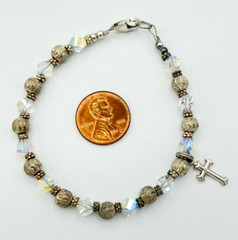 Sterling Silver Christian Cross Charm Bracelet AB Glass Beads 7.5 in