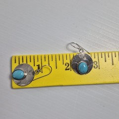 Artisan Sterling Silver Cabochon Turquoise Disc Dangle Drop Earrings Unsigned