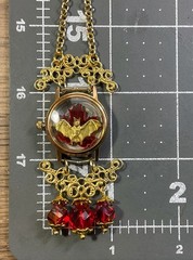 Bat Necklace- Bat On Red Leaf In Watch Case, Red Glass Beads, Gold Tone, 18-20”