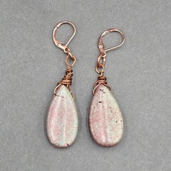 Vintage Copper Wire Wrapped Pink Jasper Dangle Earrings 2.25″ Boho Handmade