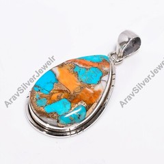 Orange and Blue Copper Turquosie Pendant 925 Sterling Silver Statement Pendant