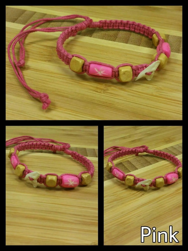 Real Shark Tooth Bracelet Anklet Adjustable Macrame Pink Red Yellow Unisex Beach