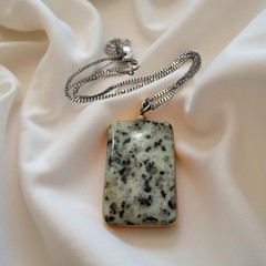 2-1/4” Sesame Jasper Gemstone Carved Rectangle Pendant on 20″ Flat Curb Chain