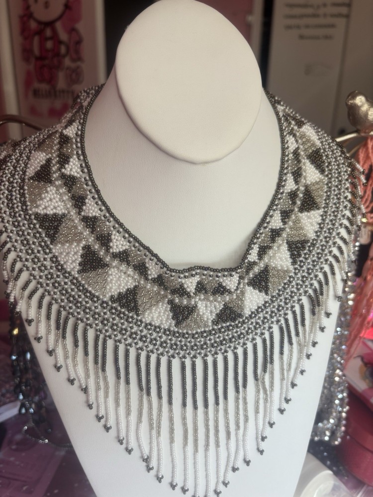 Handcrafted Beaded Bib Necklace Fringe Black White Gray Women