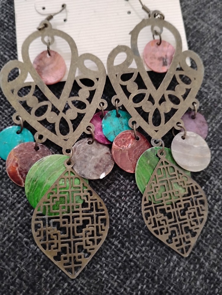 Handcrafted Bronze Bohemian Chandelier Earrings W/Multi Colored Acrylic Discs