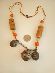 Artisan necklace silverplate bells carved wood beads Peking glass enameled clasp