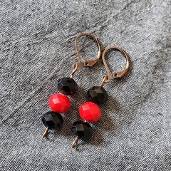 Black and Red Upcycled Earrings on Antiqued Copper Tone Leverback Hooks