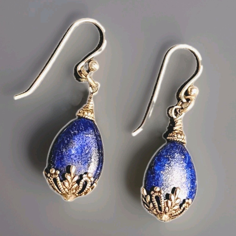 Lapis Lazuli Gemstone Earrings Silver Filigree Floral .925 French Shepherd Hooks