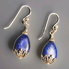 Lapis Lazuli Gemstone Earrings Silver Filigree Floral .925 French Shepherd Hooks