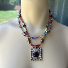 VTG Pendant Necklace 17″ Beaded Art Glass Multicolor Double Strand Adjustable