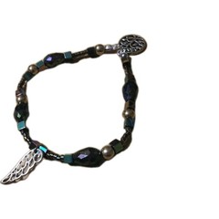 Handmade Elastic Bracelet-6.75 in.-Blue Black Plastic and Glass Beads-2 Charms.