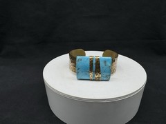 SIGNED JAN MICHAELS SAN FRANCISCO CUFF HAMMERED BRASS TURQUOISE BRACELET