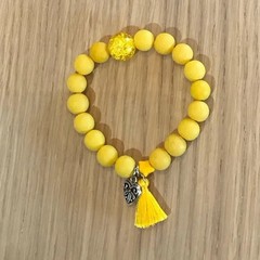 Bright Yellow Beaded Bracelet , Charm & Tassel