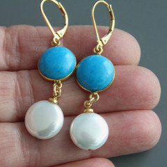 Turquoise and Shell Pearl Two Layer Earrings