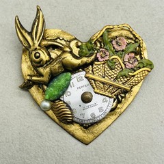 Vintage Perfex Brass Enamel Rabbit Heart Watch Face Brooch Pin Multicolor Womens