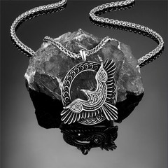 Vikings Necklace Men Stainless Steel 60cm Eagle Raven Pendant Amulet Chain