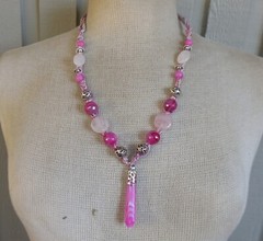 Fuchsia Banded Agate Stone Point Adjustable Hemp Necklace Jewelry w/ Rose Quartz