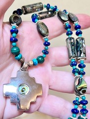 LOVELY Artisan Sterling Silver Malachite, Turquoise, Abalone Reversible Necklace