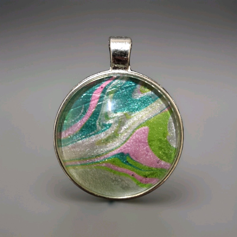 Unique Metallic Fluid Art Pendant Statement Necklace On Waxed Cord. Handmade.