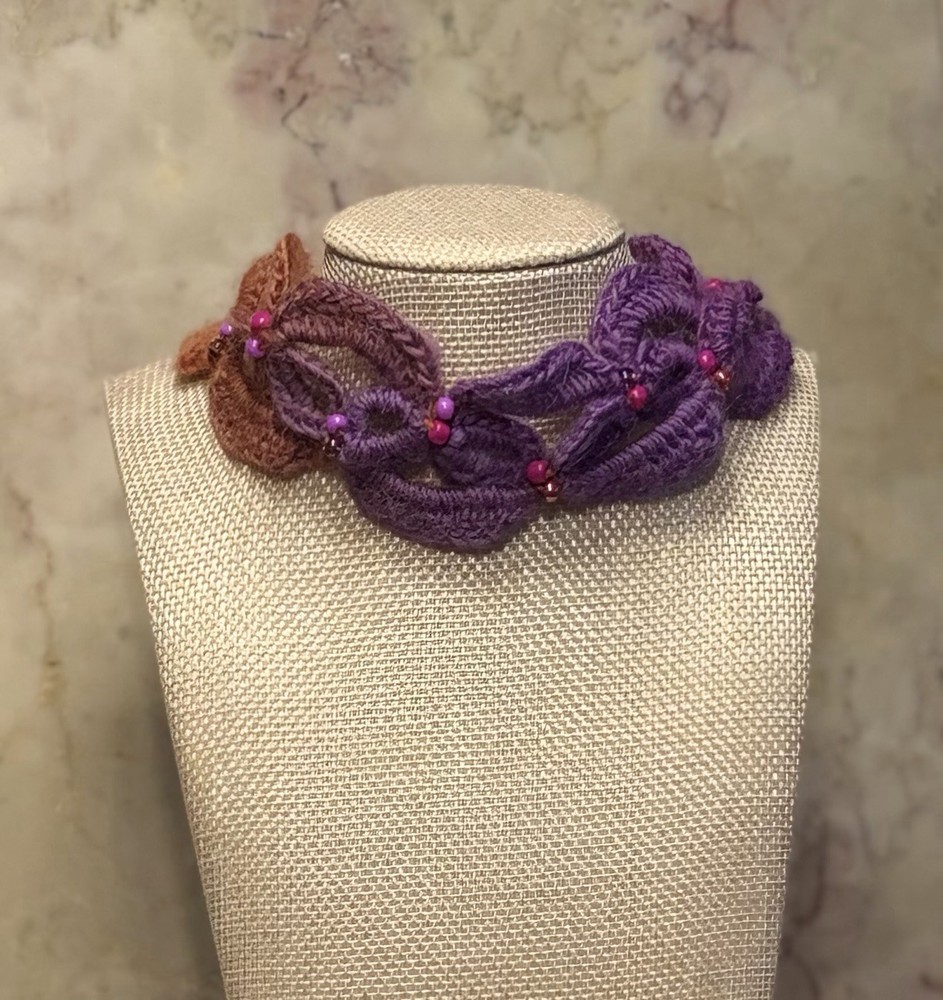 Handcrafted Purple to Orange Yarn w/ Glass Beads Asymmetrical Necklace
