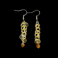 Pale Gold Tone Chainmaille Earrings w/Apricot Crystals, 2.5 in.