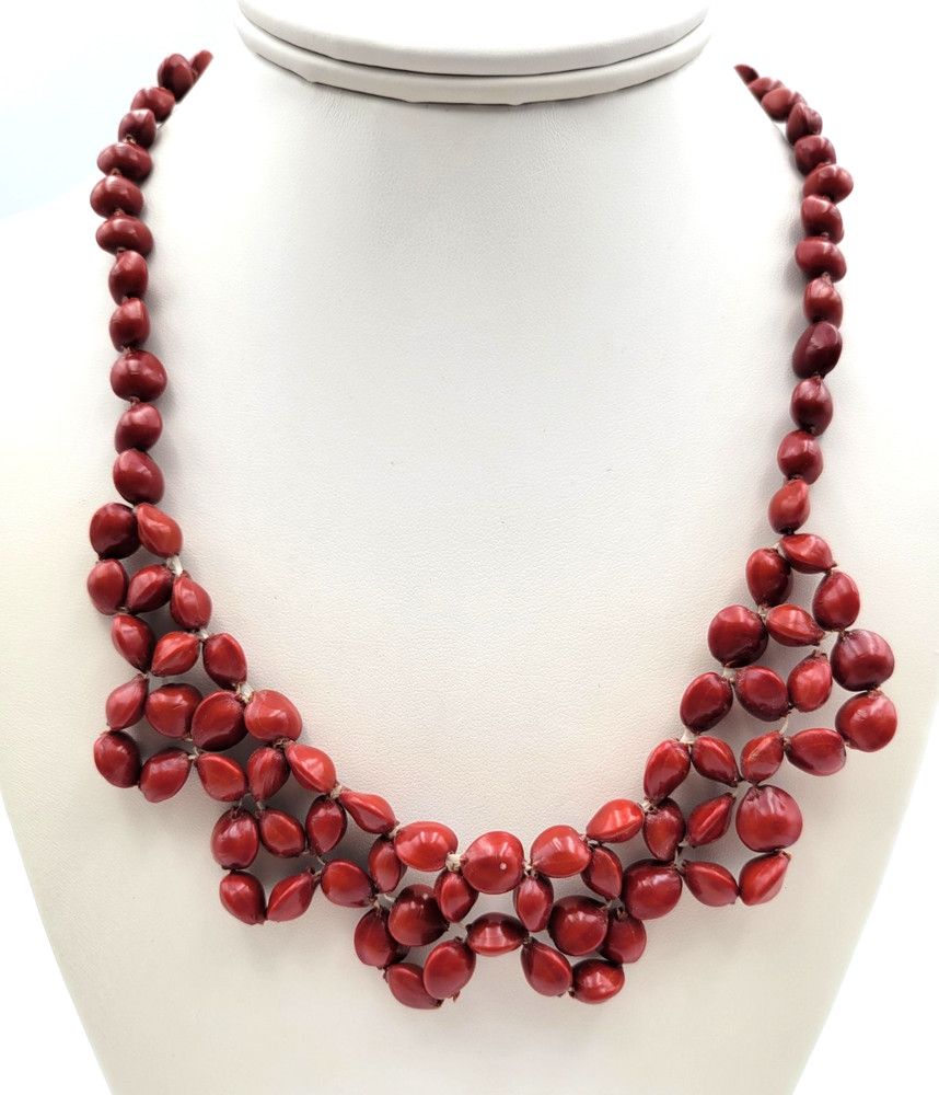Island Red Seed Necklace Coral Bead Plant Woven on Cord Adjustable Ethnic Boho
