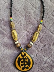 22″ Unisex African Gye Nyame Adinkra Pendant Necklace Wood Beaded Rasta Colors