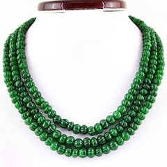 Green Emerald 699.00 Cts Earth Mined 3 Strand Round Shape Carved Beads Necklace