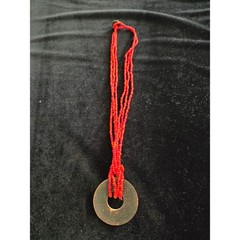 Triple Strand Red Coral Seed Bead Necklace Etched Circle Horn Pendant Boho Beach
