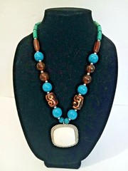 Necklace – Chunky Teal Brown White Brown Amber Silver Round & Square Beads