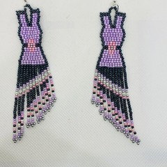 Purple Silver Black Seed Bead Boho Native -Style Dangle Drop Fringe Earrings