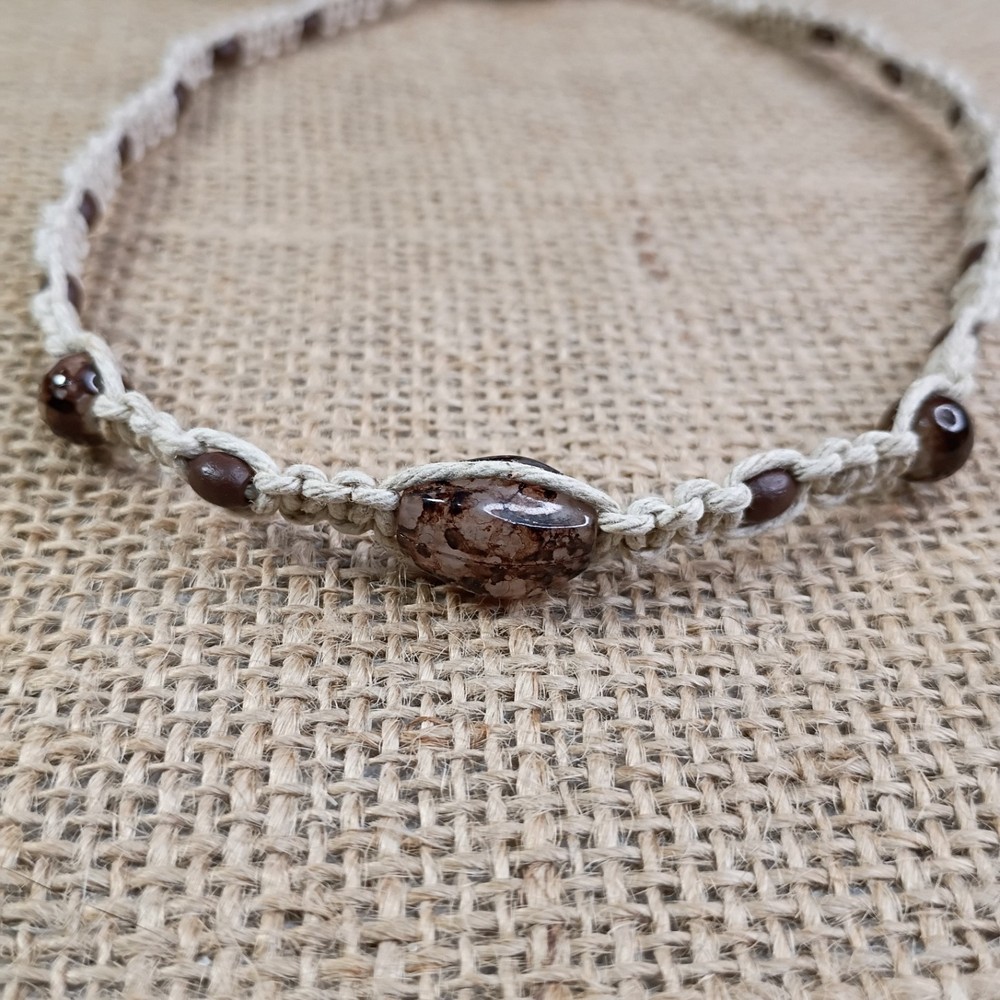 New Natural Hemp Choker Necklace W/ Mixed Brown Beads 13-18 in Tie-On Macrame