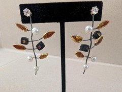 Pierced Dangle Artisan Earrings w/ Faux Pearls Rhinestones & Gold Colored Leaves