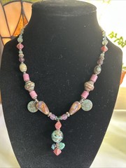 HANDCRAFTED ARTISAN GEM STONE Art GlassBEADED NECKLACE W/ 925 Silver Clasp BOHO