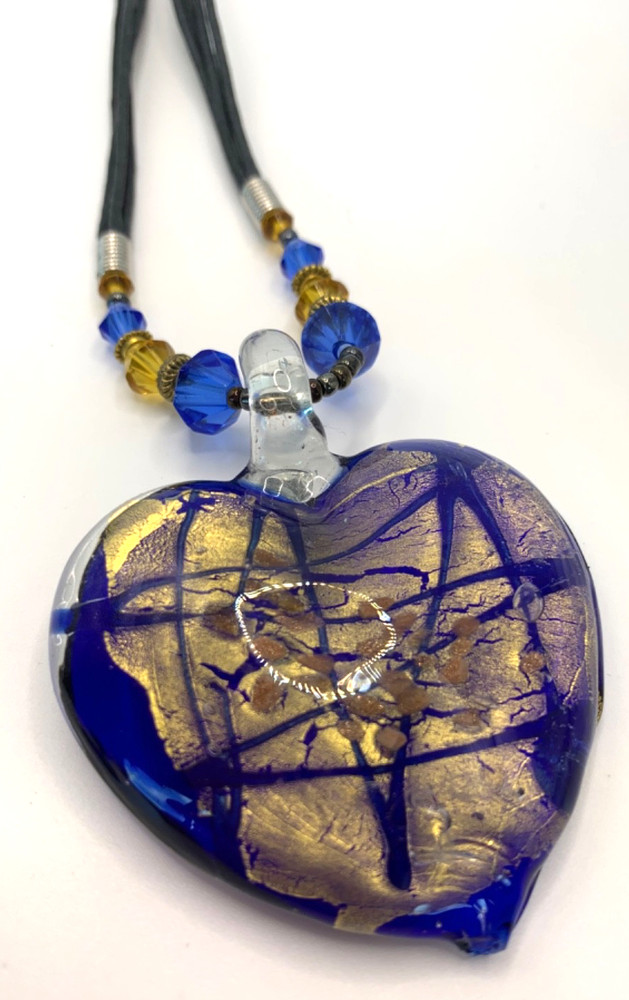 Hand Blown Art Glass Murano Style Heart Glass Pendant Necklace Dark Blue/Gold