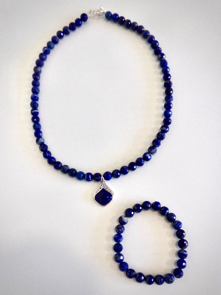 Handmad Blue Pendant Necklace & Bracelet Set, Agate on Lapis Lazuli, SS925 Clasp